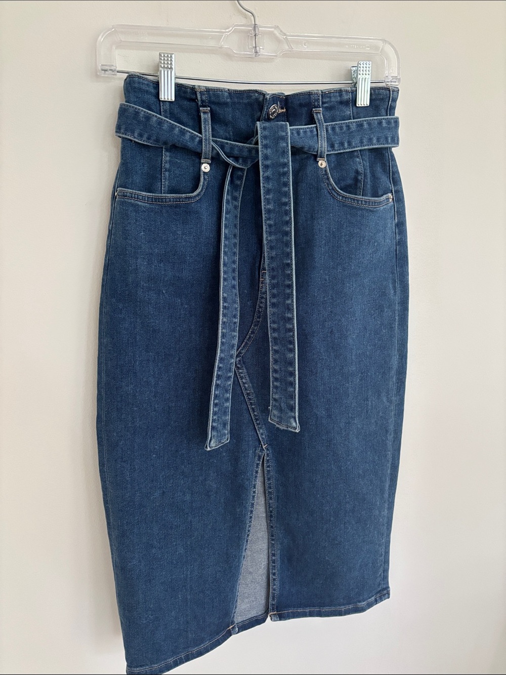 Veronica Beard denim midi skirt with tie belt size 2